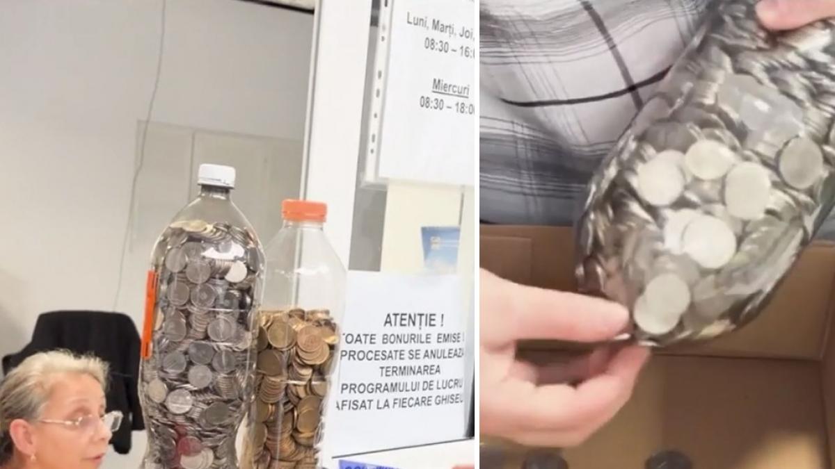 Un barbat din Craiova a venit sa si plateasca taxele cu 3 kg de monede transportate in sticle de plastic
