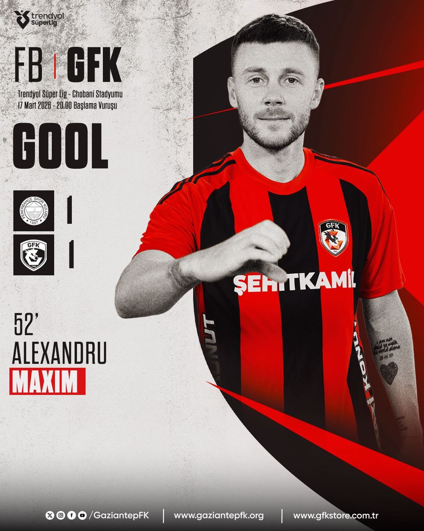 Alexandru Maxim inscrie impotriva celor de la Fenerbahce dar Gaziantep pierde meciul din SuperLig